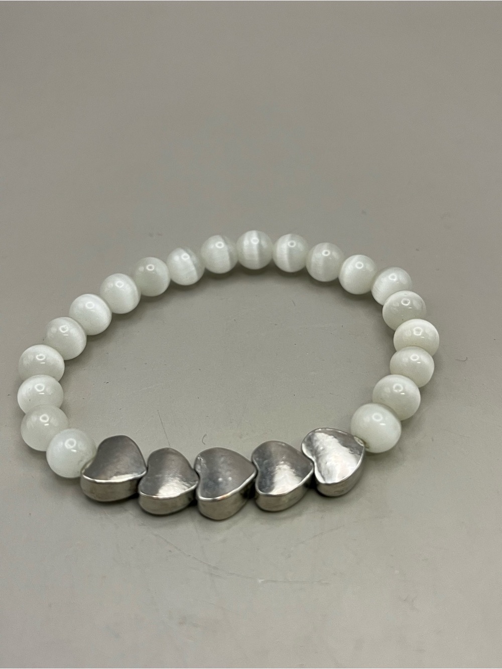 Light Grey Fiber Optic Beaded Bracelet Silver Tone Hearts Stretch Stacking Boho